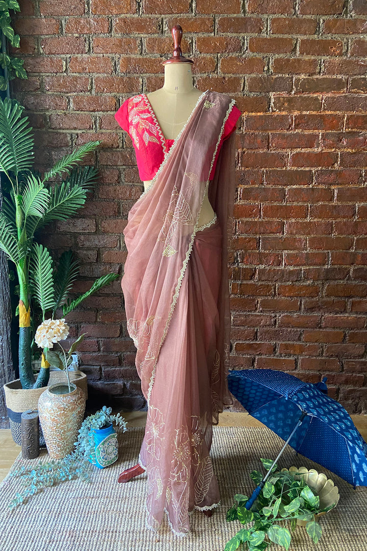 Burnt Burgundy Organza Embroidered Saree
