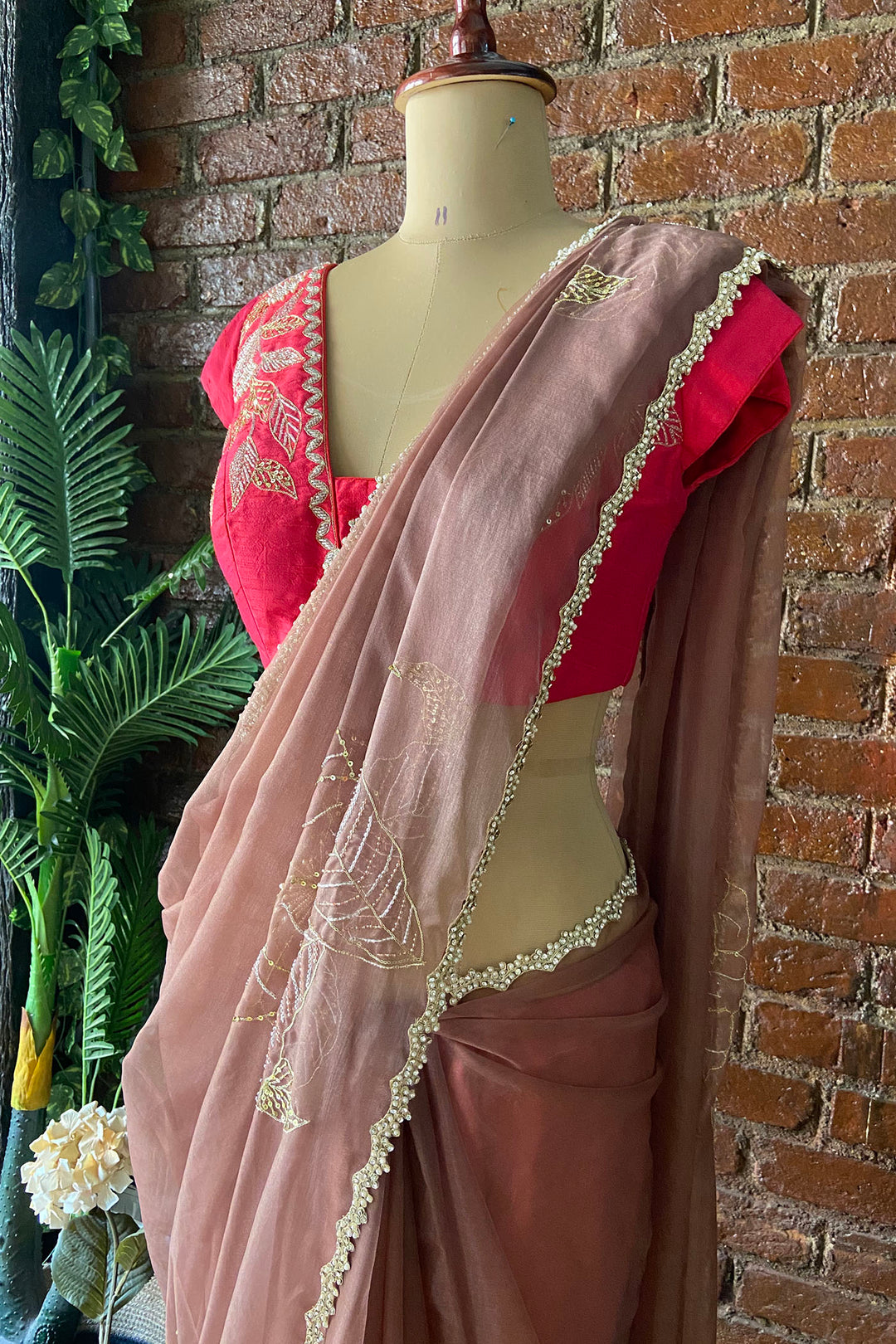 Burnt Burgundy Organza Embroidered Saree