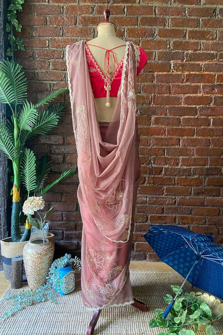 Burnt Burgundy Organza Embroidered Saree