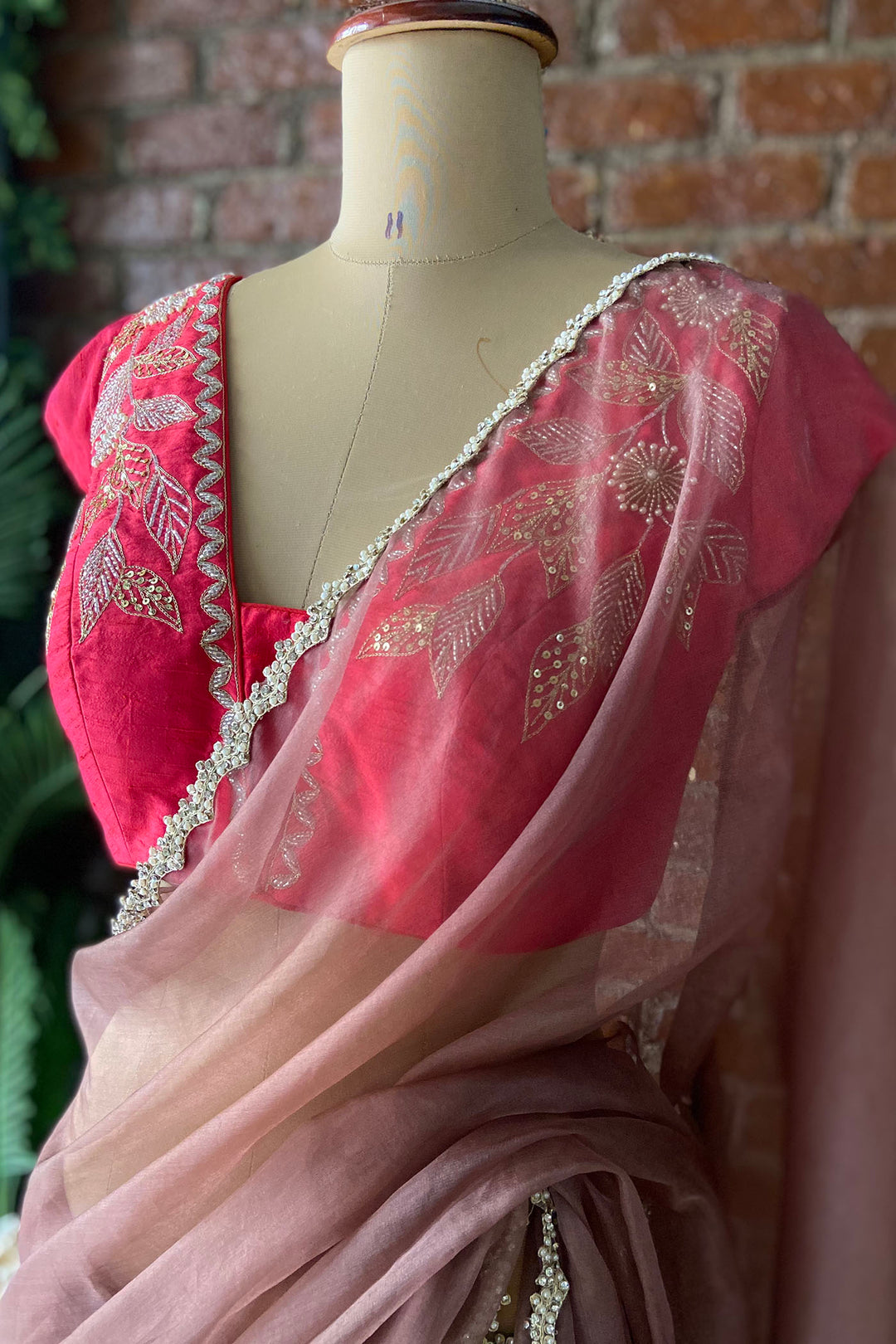 Burnt Burgundy Organza Embroidered Saree