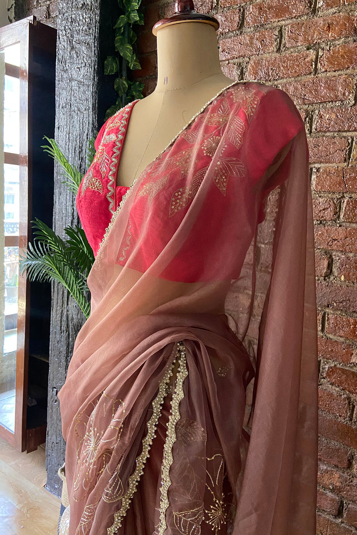 Burnt Burgundy Organza Embroidered Saree