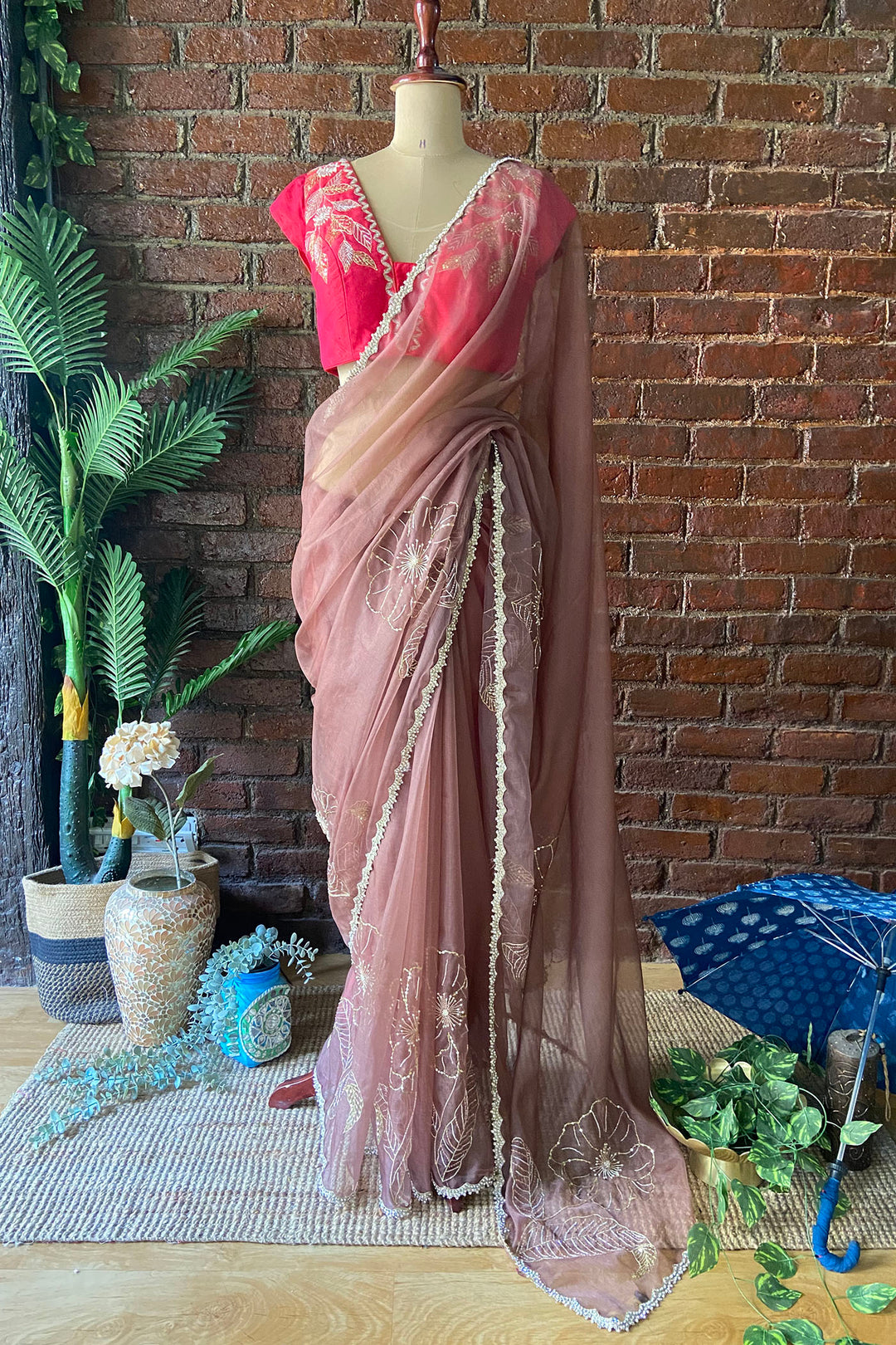 Burnt Burgundy Organza Embroidered Saree