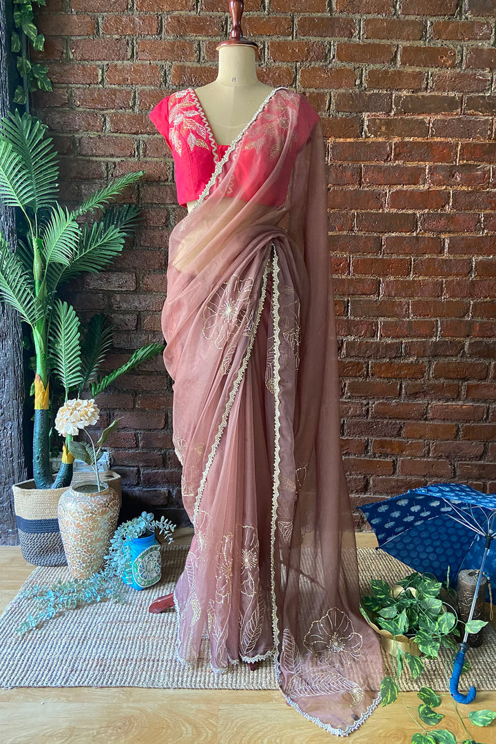 Burnt Burgundy Organza Embroidered Saree