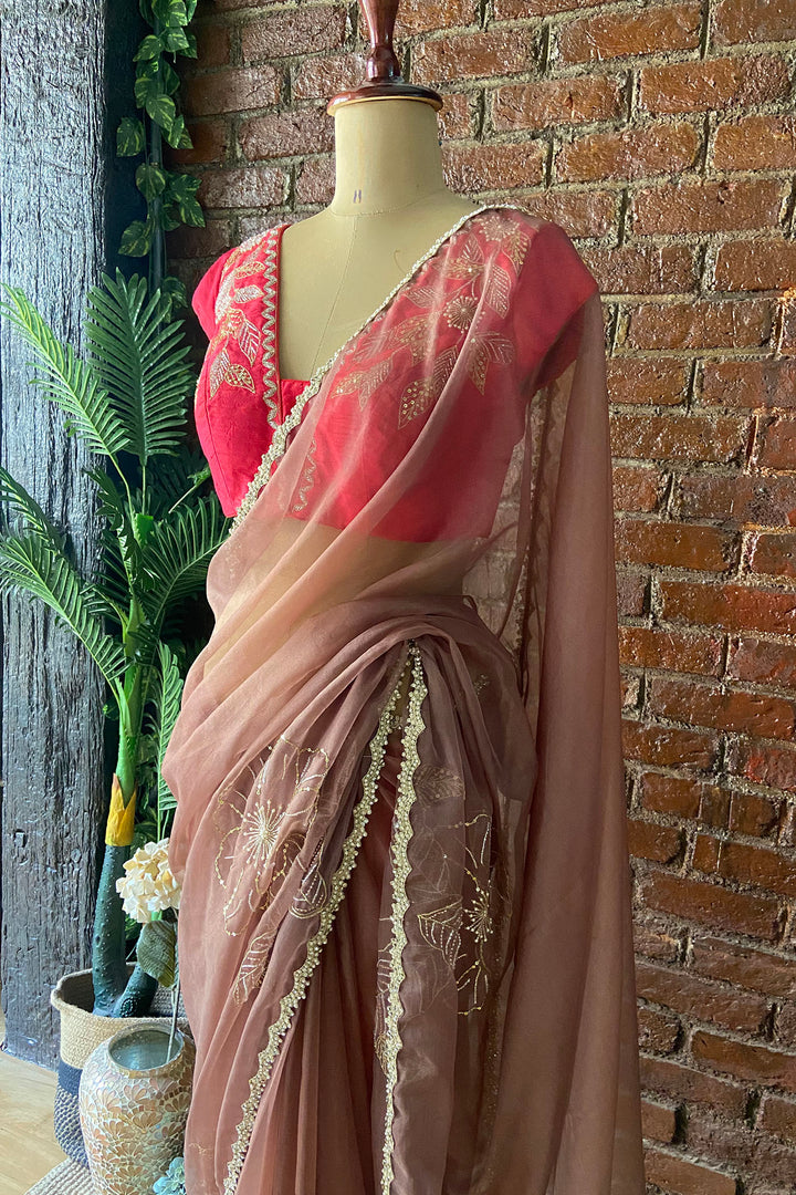 Burnt Burgundy Organza Embroidered Saree