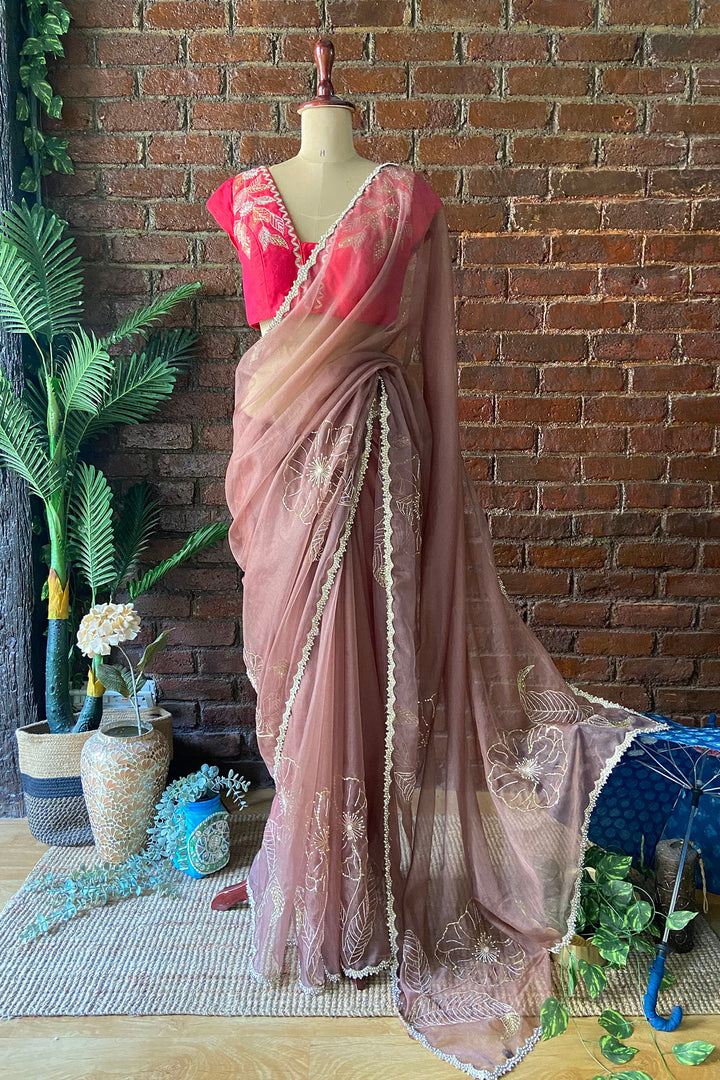 Burnt Burgundy Organza Embroidered Saree