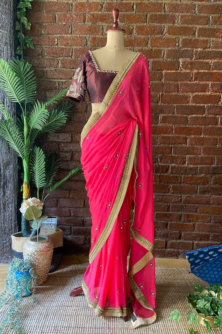 Fuchsia Chiffon Embroidered Saree