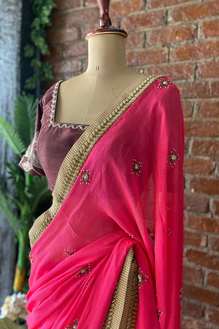Fuchsia Chiffon Embroidered Saree