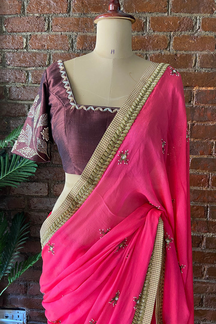 Fuchsia Chiffon Embroidered Saree