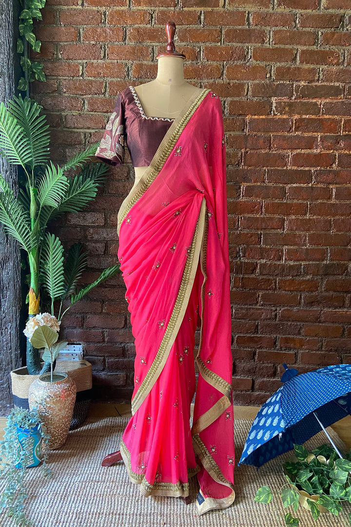 Fuchsia Chiffon Embroidered Saree