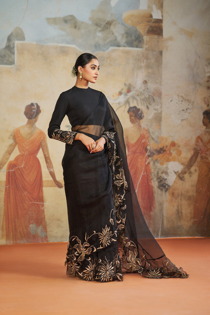 Black Ruffle Pre Draped Saree Set