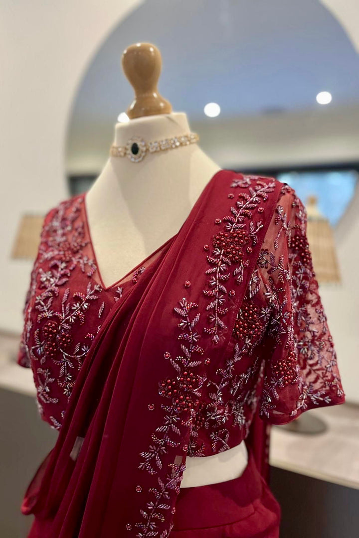 Burgundy Ruffle Saree With Self Embroidery