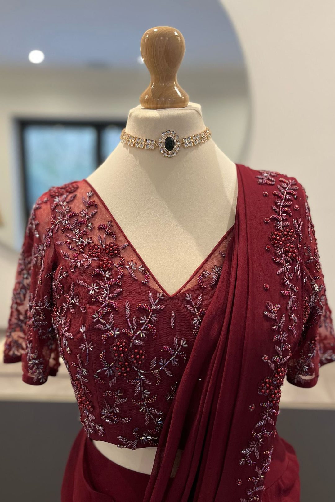 Burgundy Ruffle Saree With Self Embroidery