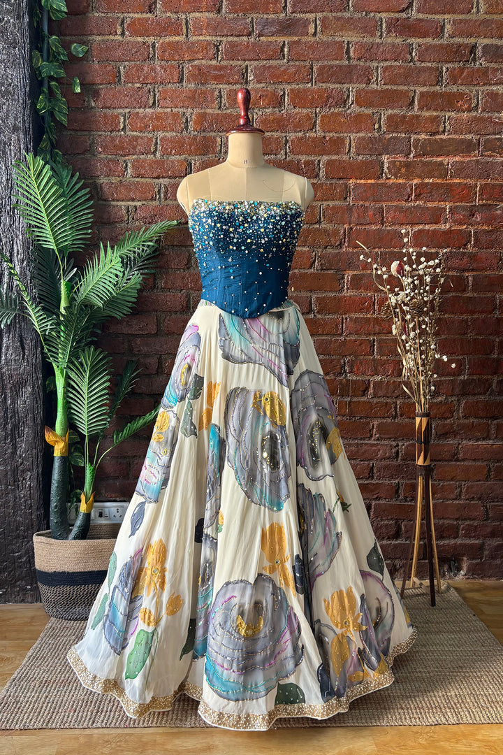 Off White And Blue Corset Lehenga Set