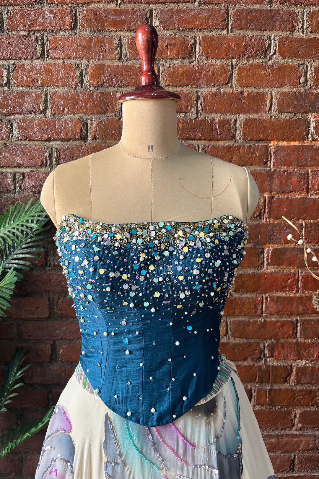 Off White And Blue Corset Lehenga Set