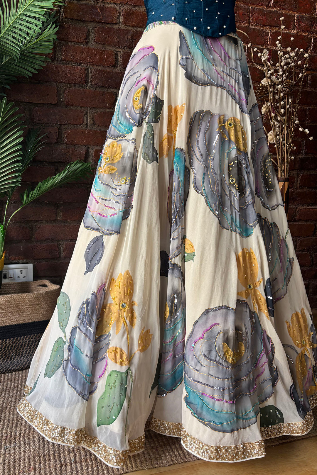 Off White And Blue Corset Lehenga Set