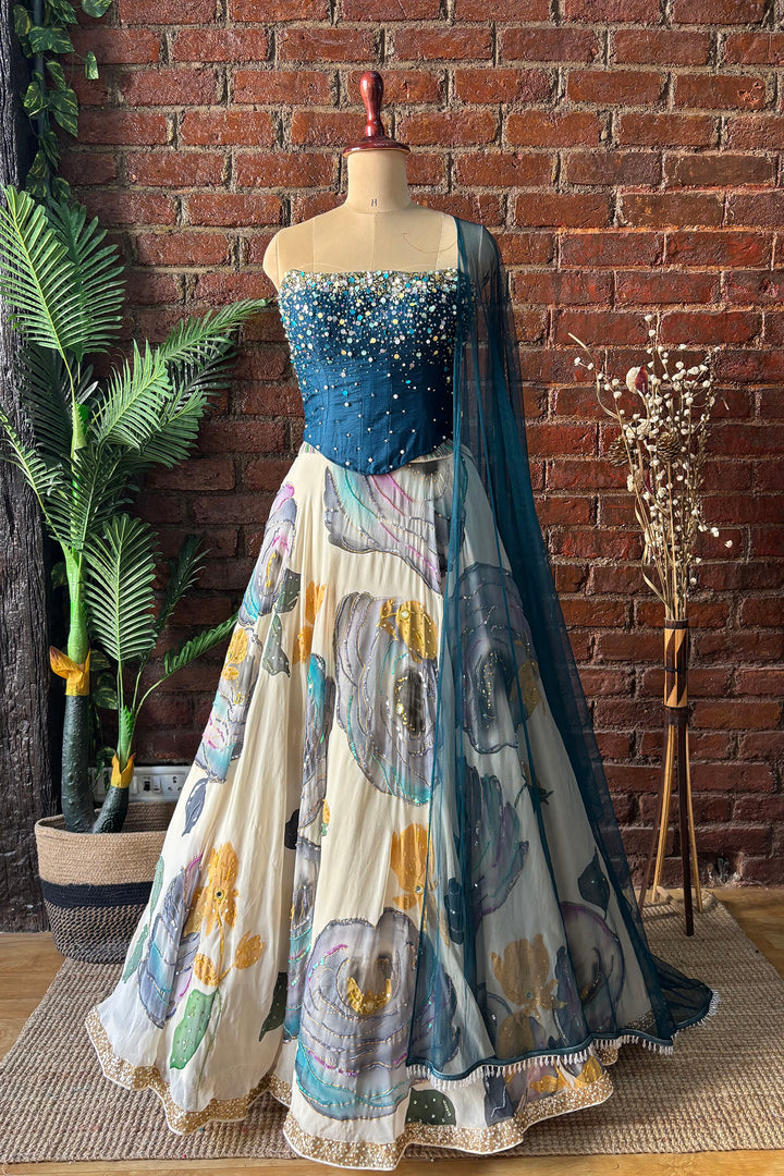 Off White And Blue Corset Lehenga Set