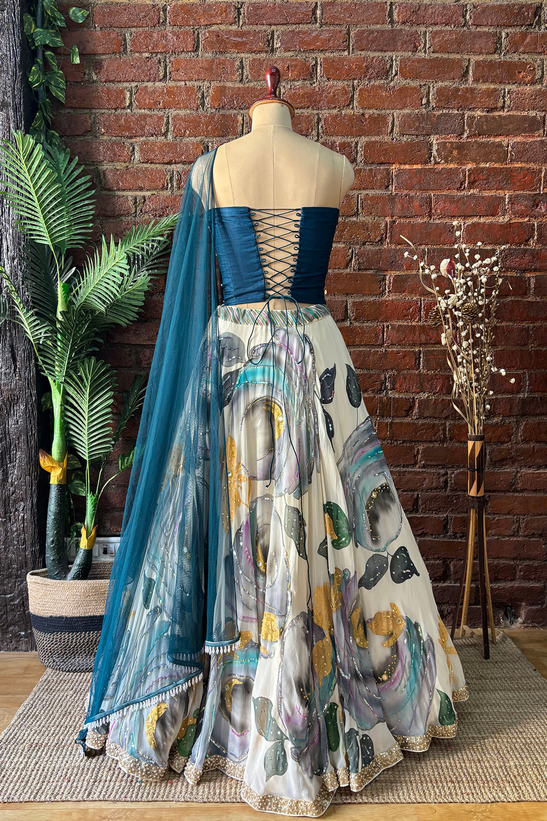 Off White And Blue Corset Lehenga Set