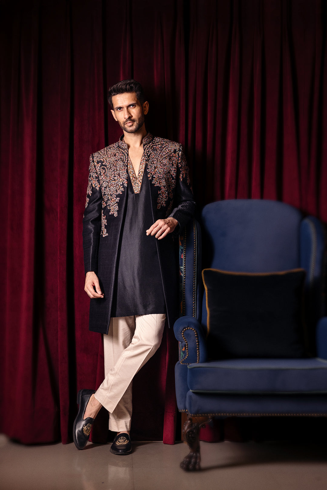 Nightroot Long Open Jacket, Kurta And Pant Set