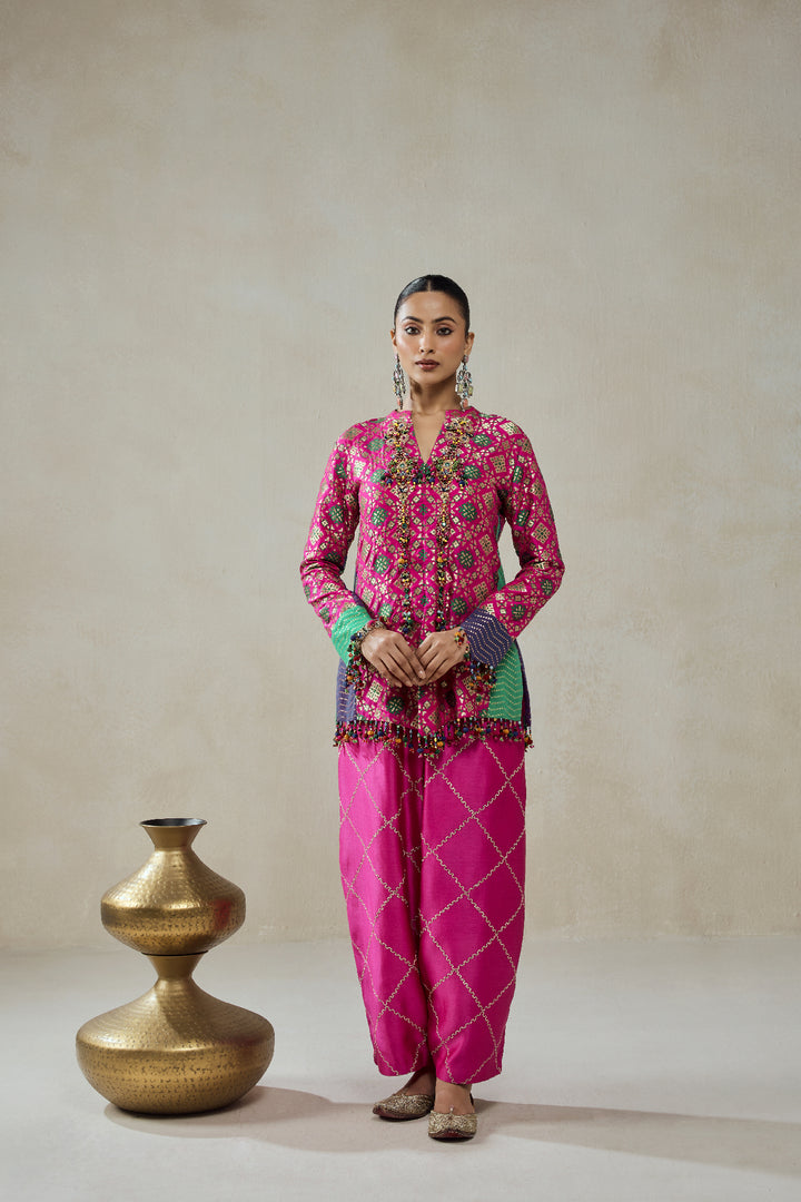 Fuschia Patola Silk Short Jacket Worked Salwar