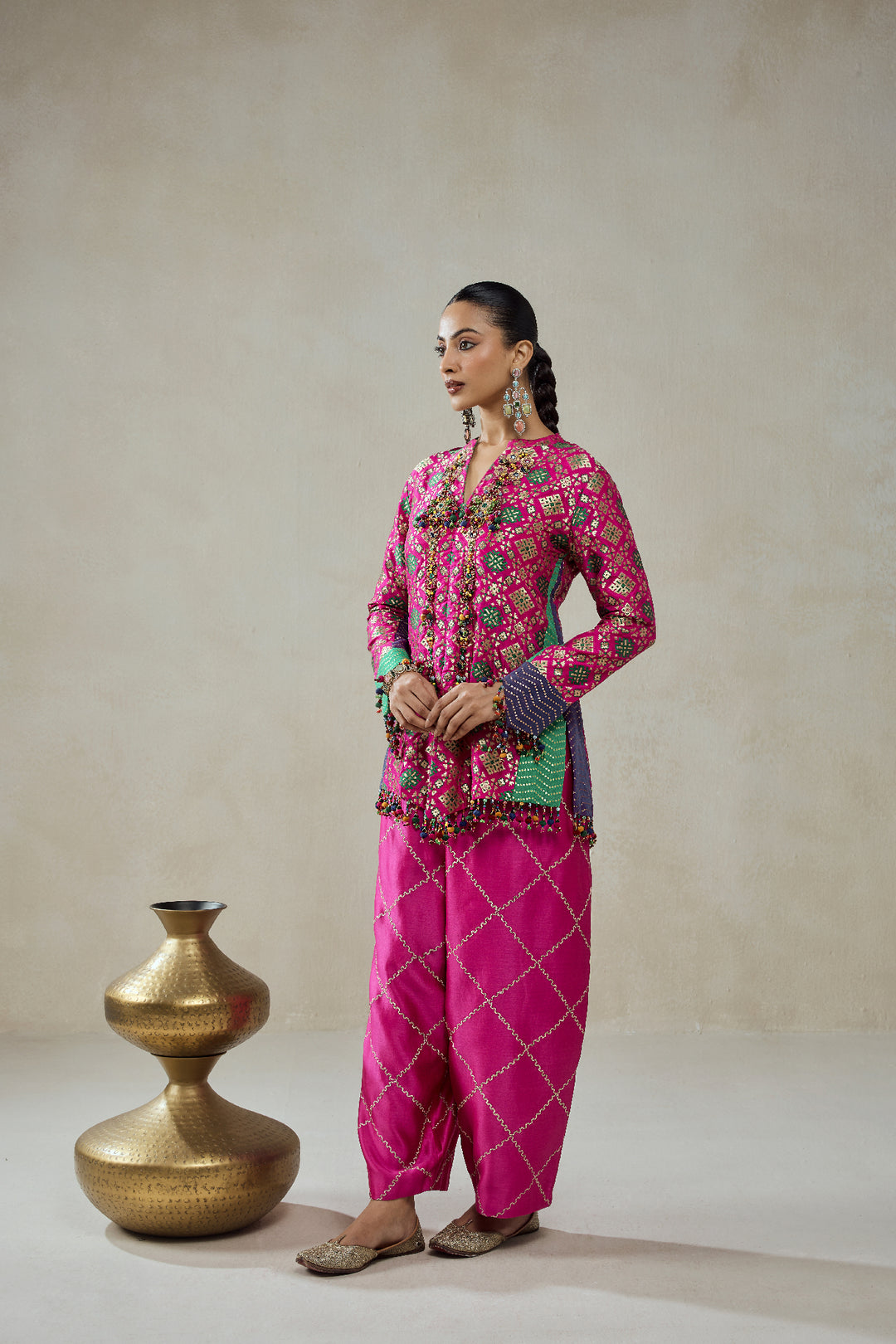 Fuschia Patola Silk Short Jacket Worked Salwar