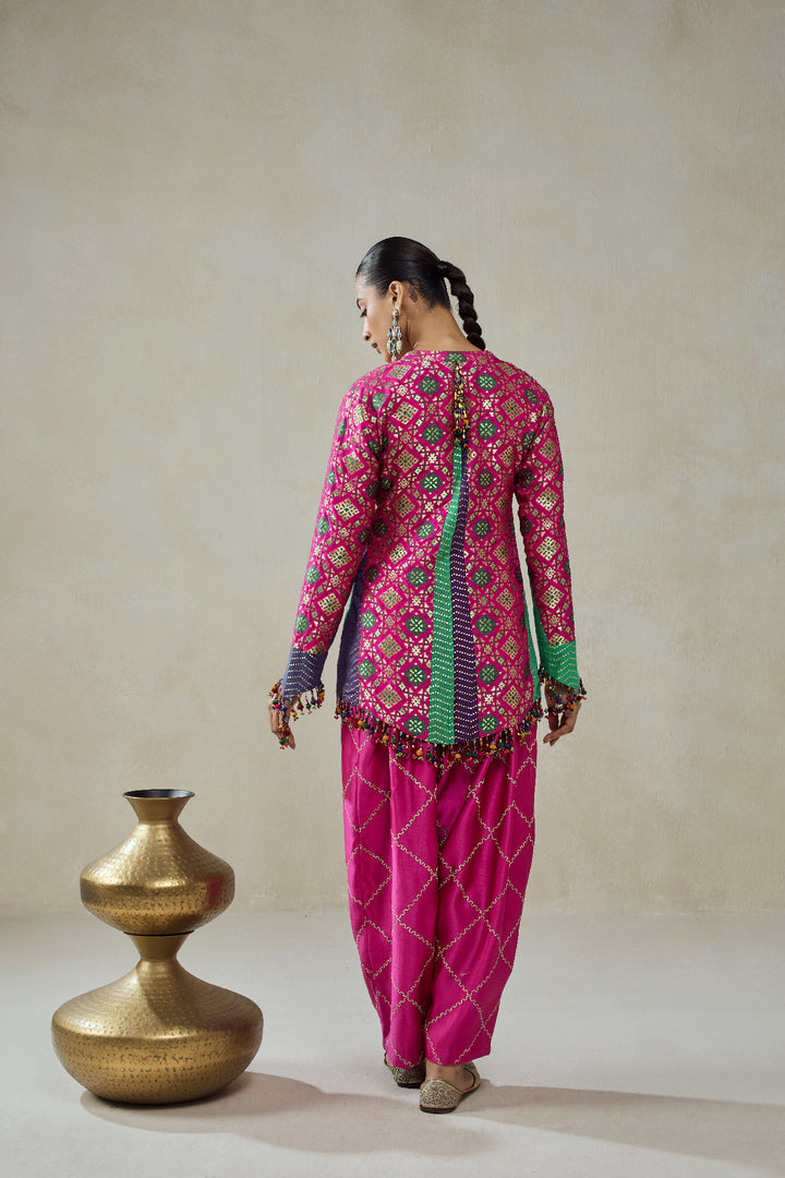 Fuschia Patola Silk Short Jacket Worked Salwar