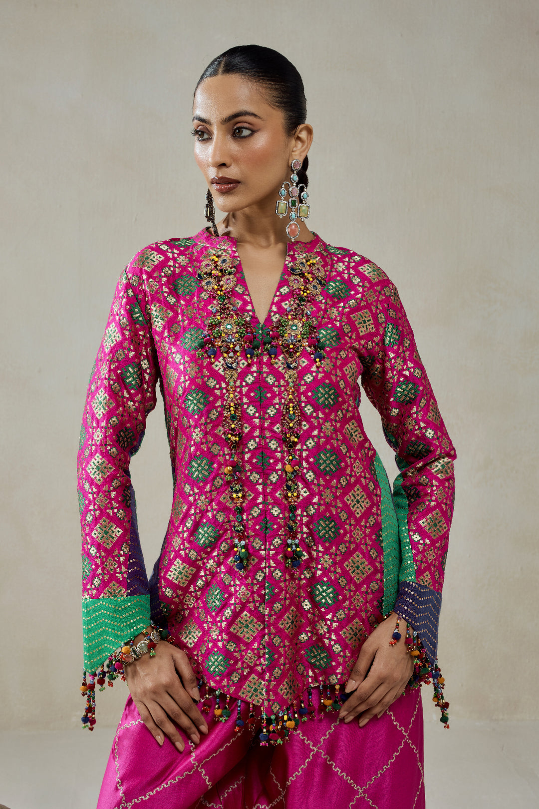 Fuschia Patola Silk Short Jacket Worked Salwar