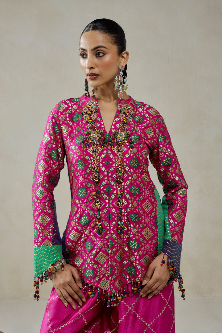 Fuschia Patola Silk Short Jacket Worked Salwar