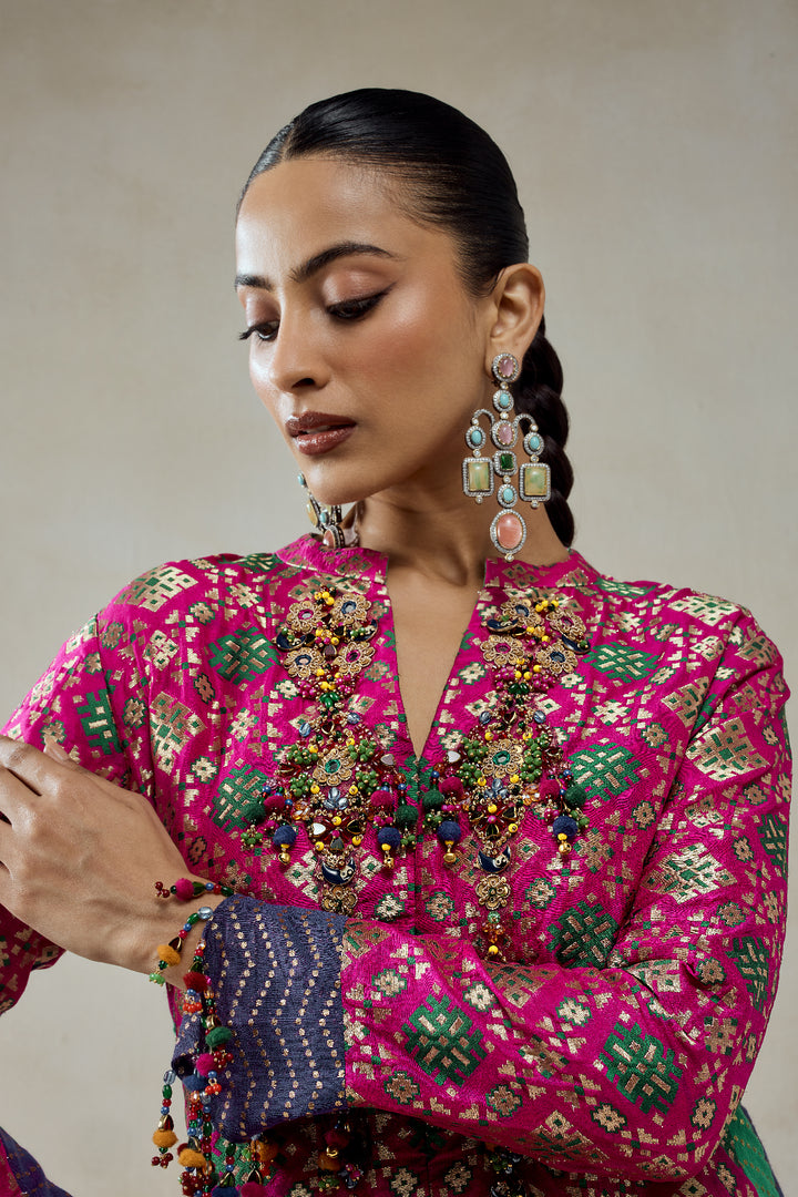 Fuschia Patola Silk Short Jacket Worked Salwar