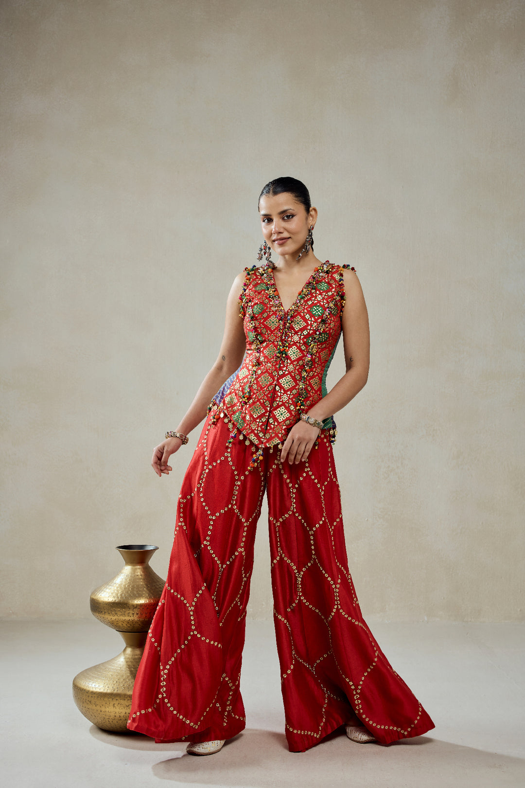 Red Patola Silk With Worked Sharara Set