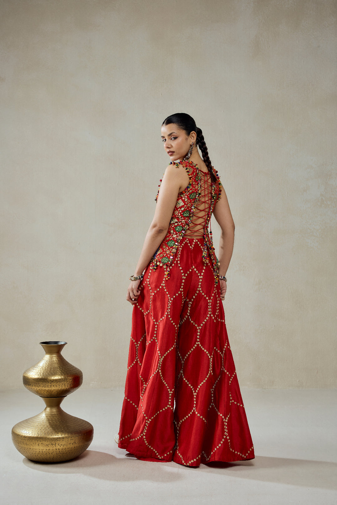 Red Patola Silk With Worked Sharara Set