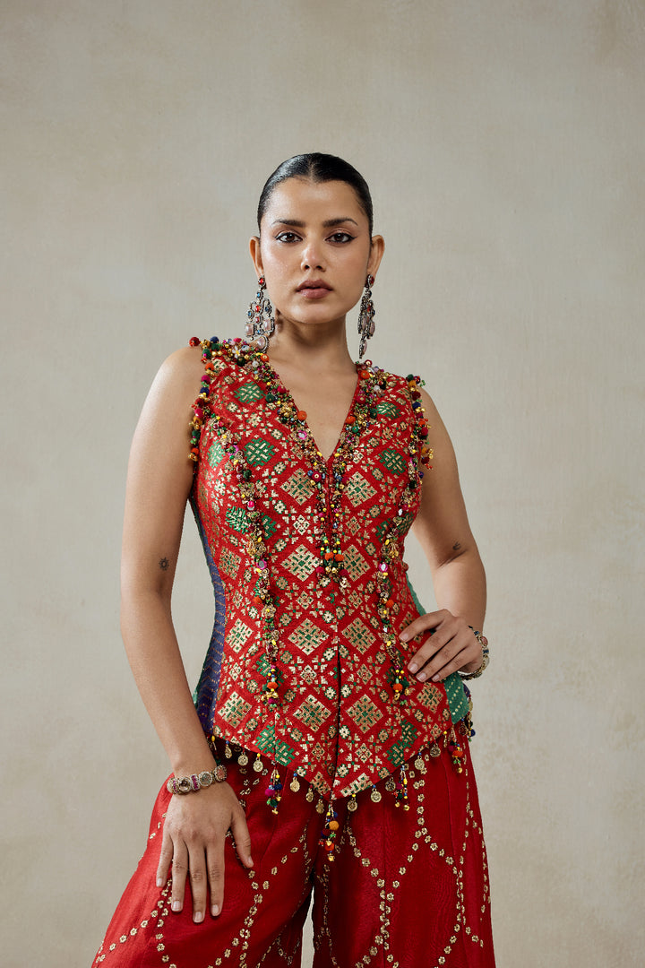 Red Patola Silk With Worked Sharara Set