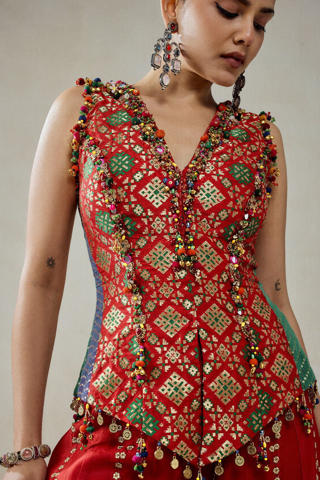 Red Patola Silk With Worked Sharara Set