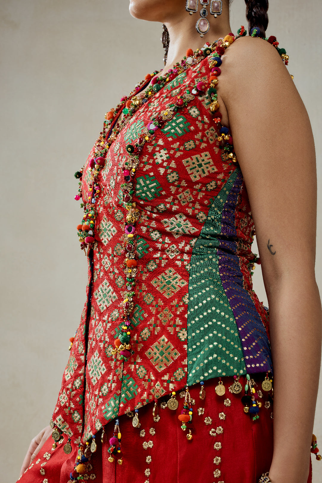 Red Patola Silk With Worked Sharara Set