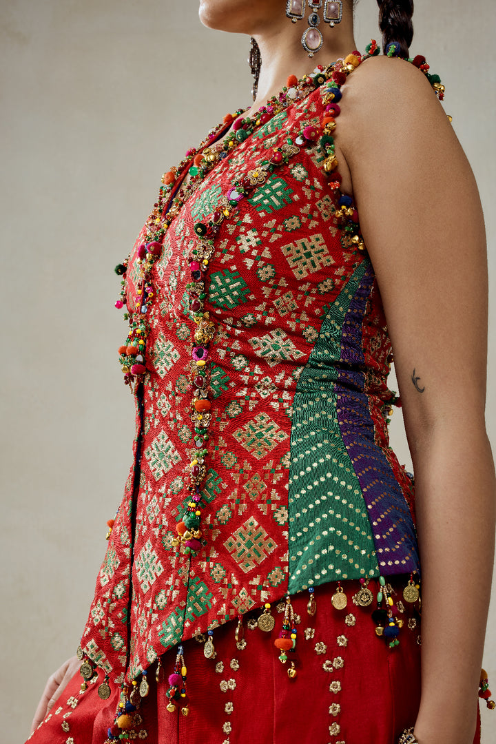 Red Patola Silk With Worked Sharara Set