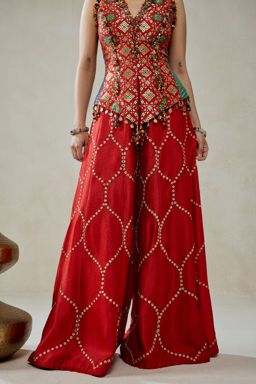 Red Patola Silk With Worked Sharara Set