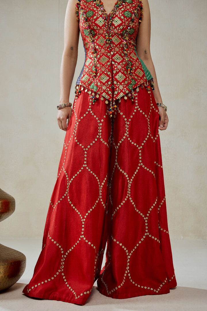 Red Patola Silk With Worked Sharara Set