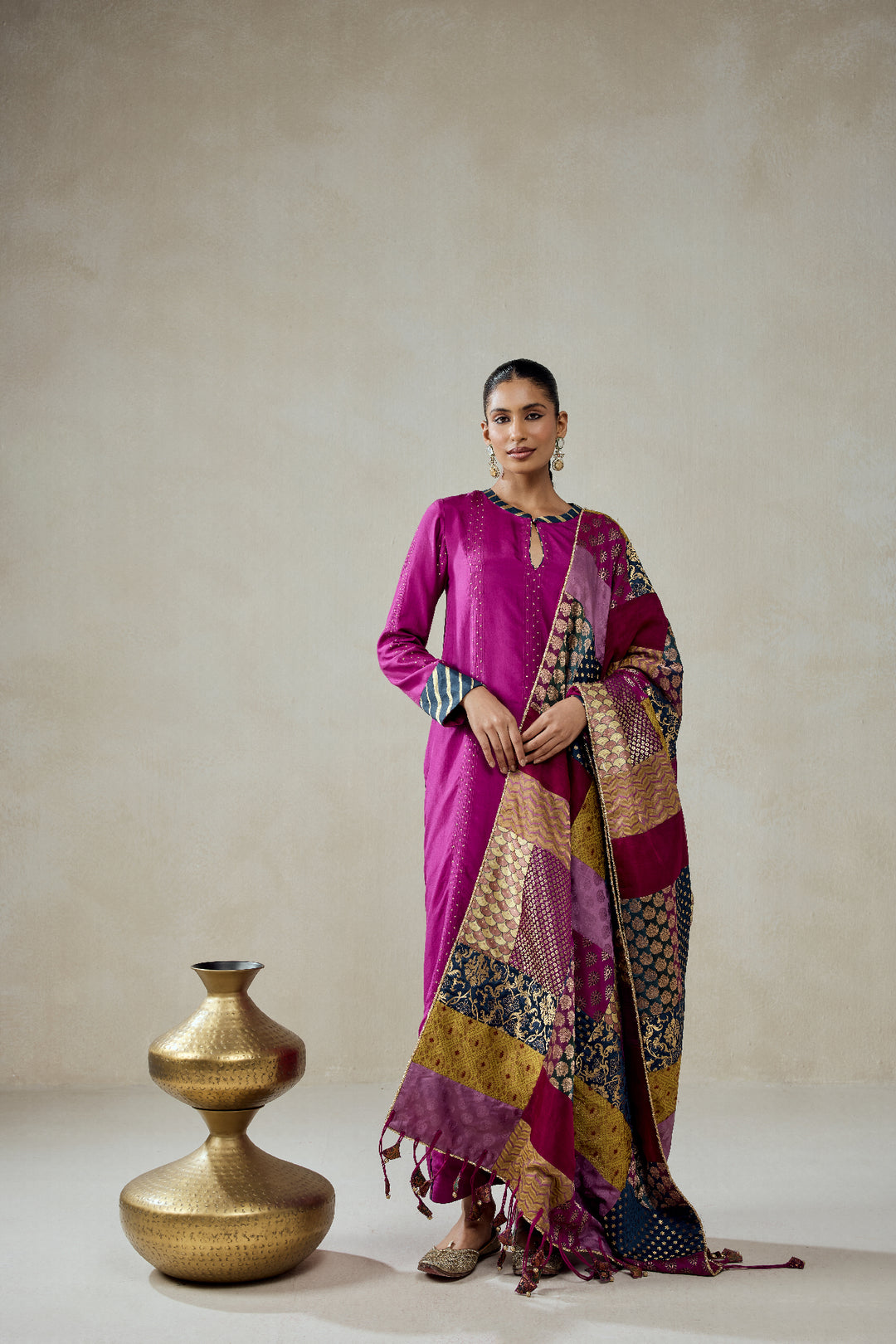 Wine  Salwar Suit With Multicolour Brocade Dupatta Set