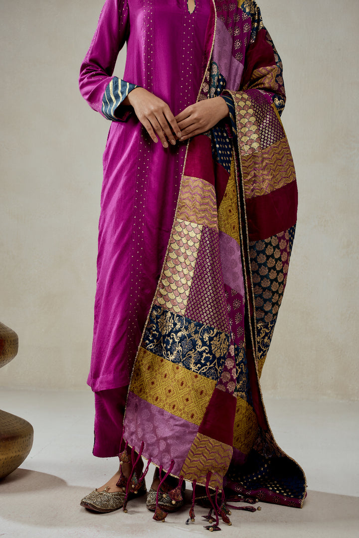 Wine  Salwar Suit With Multicolour Brocade Dupatta Set
