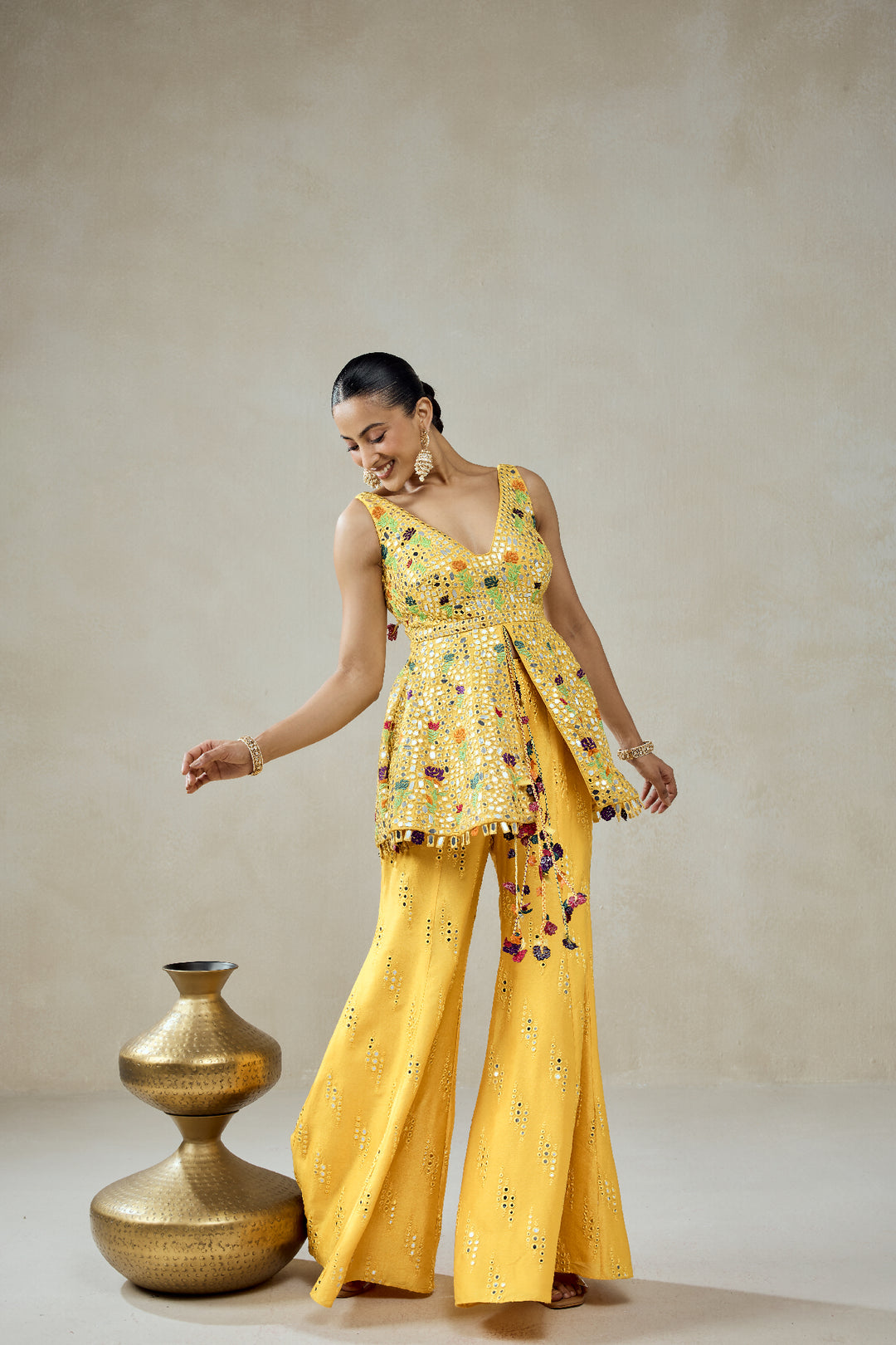 Yellow Sharara Trouser  Peplum Set