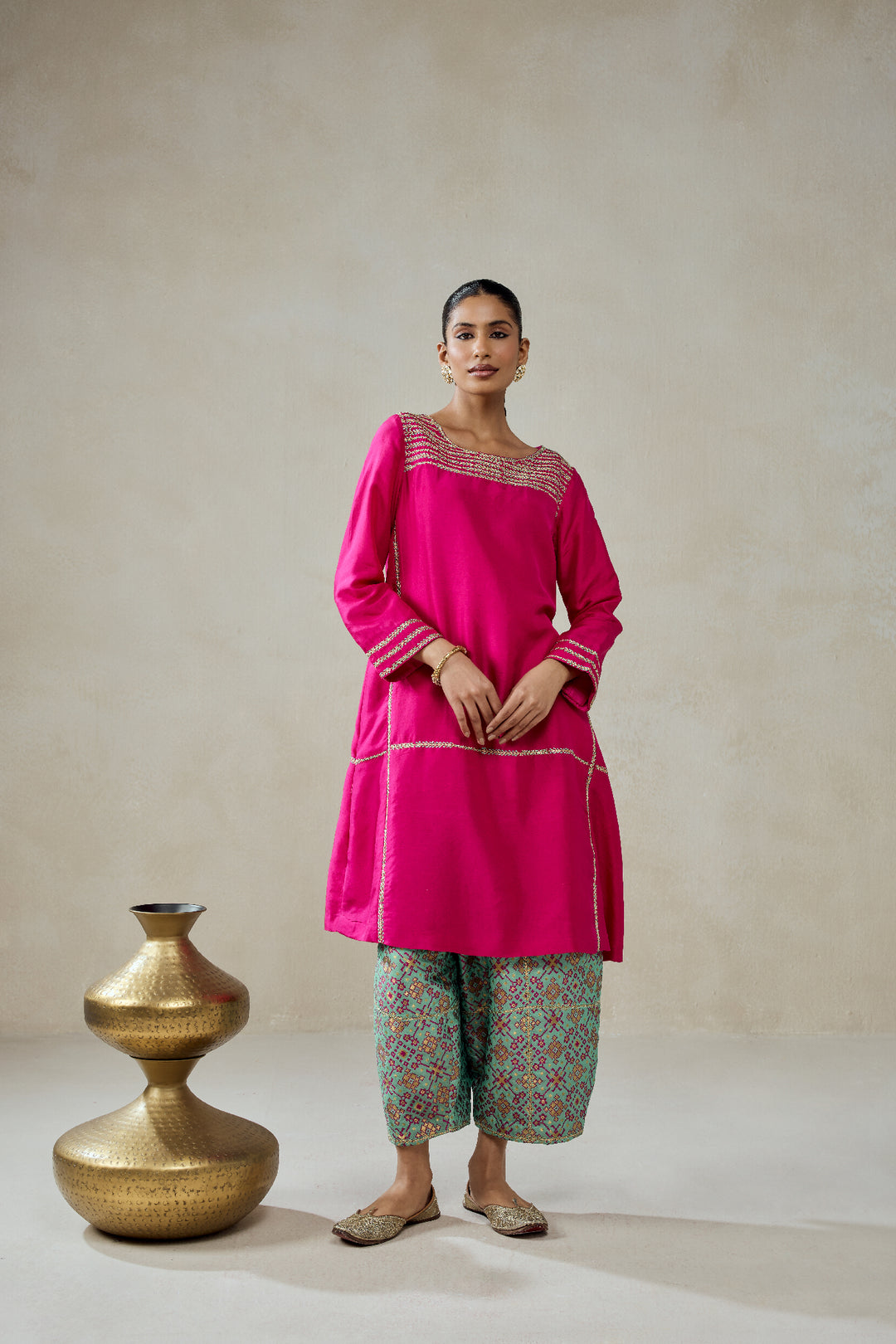 Fuschia Embroidered Kurta With Aqua Patola Silk Salwar Set