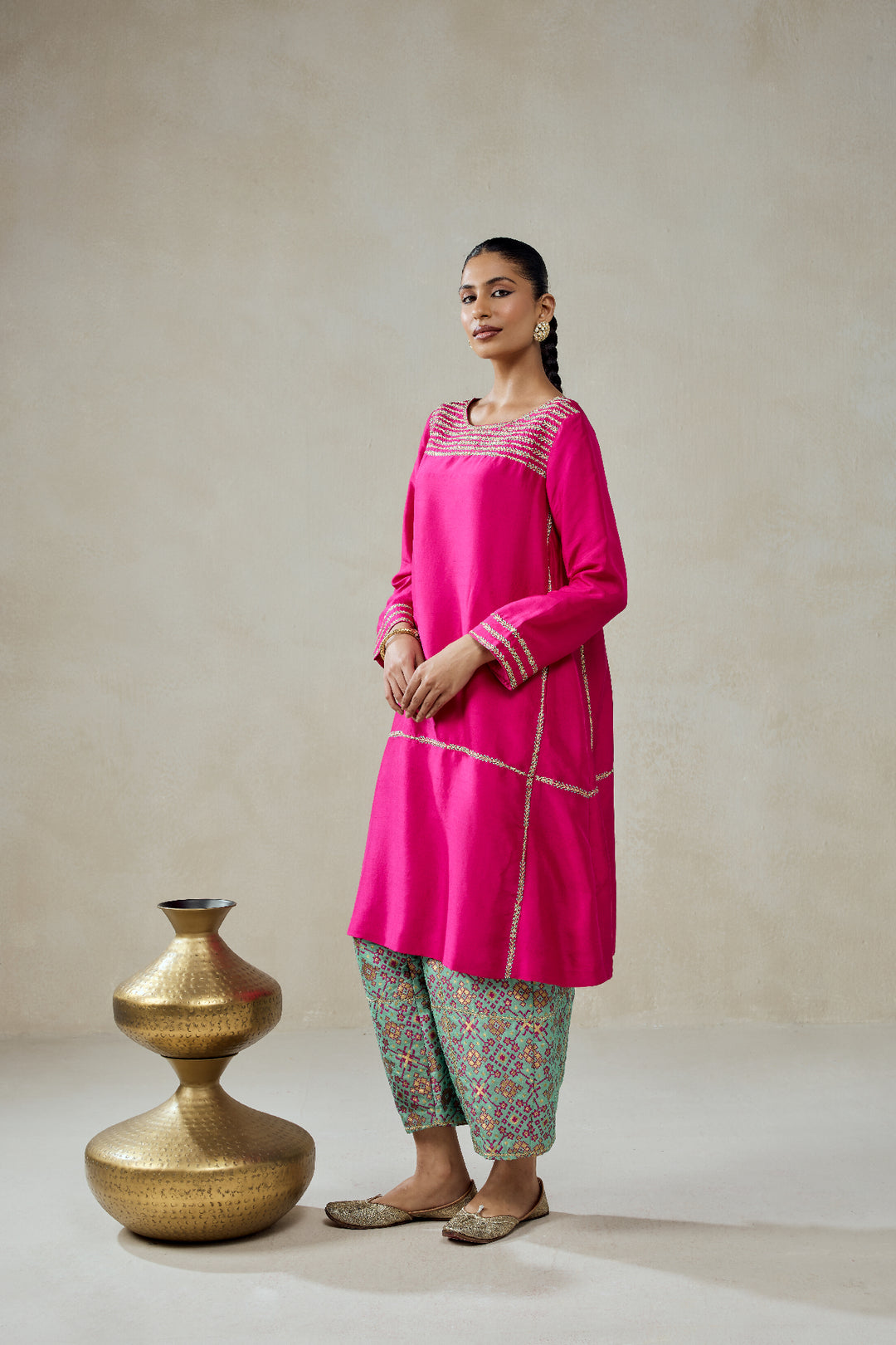 Fuschia Embroidered Kurta With Aqua Patola Silk Salwar Set