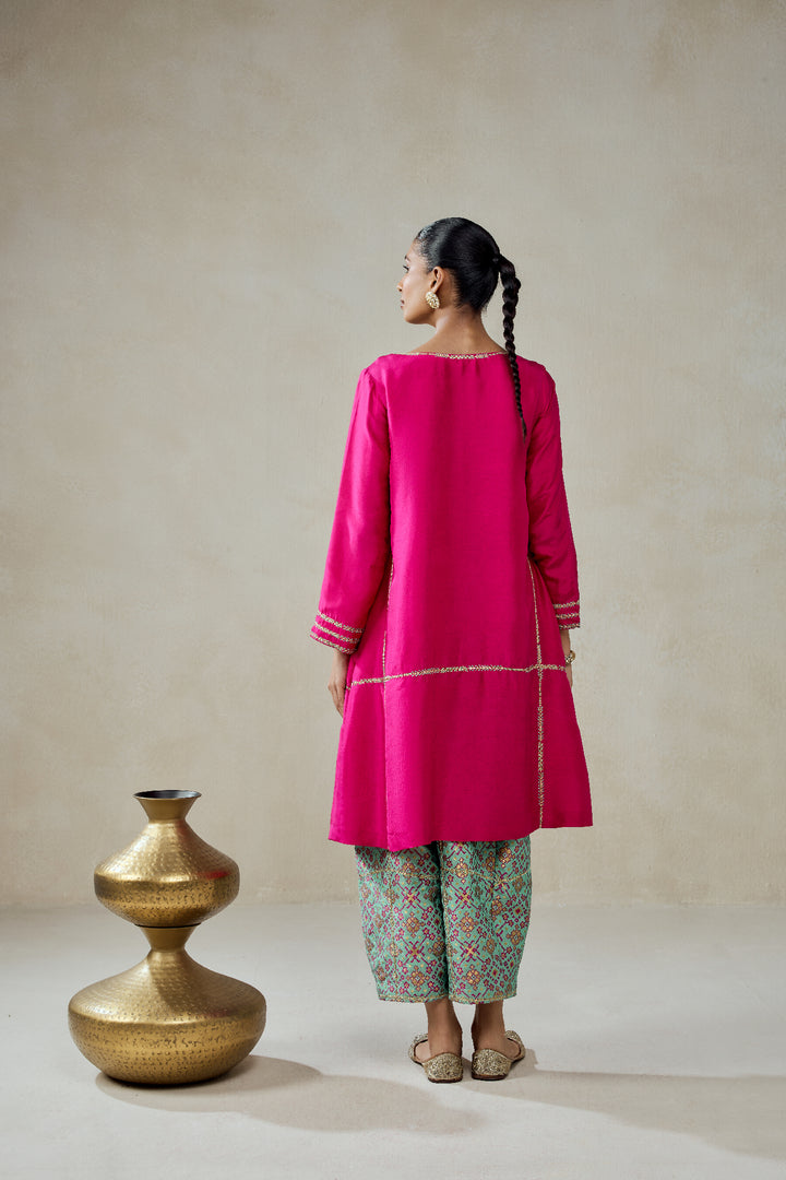 Fuschia Embroidered Kurta With Aqua Patola Silk Salwar Set