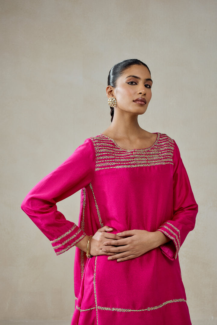 Fuschia Embroidered Kurta With Aqua Patola Silk Salwar Set