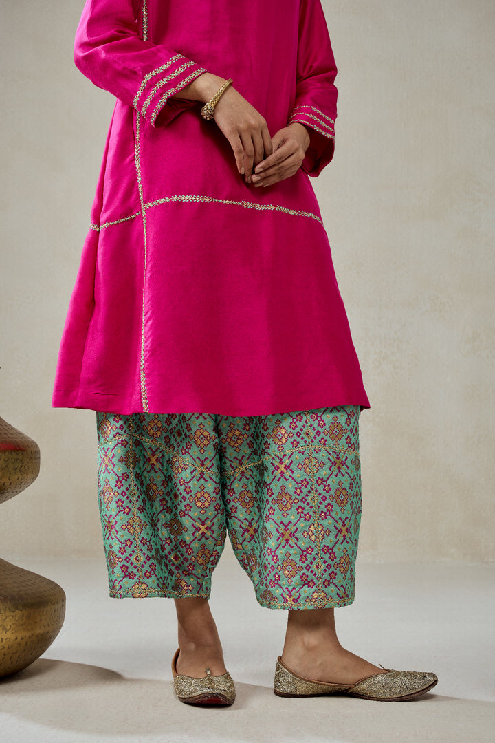 Fuschia Embroidered Kurta With Aqua Patola Silk Salwar Set