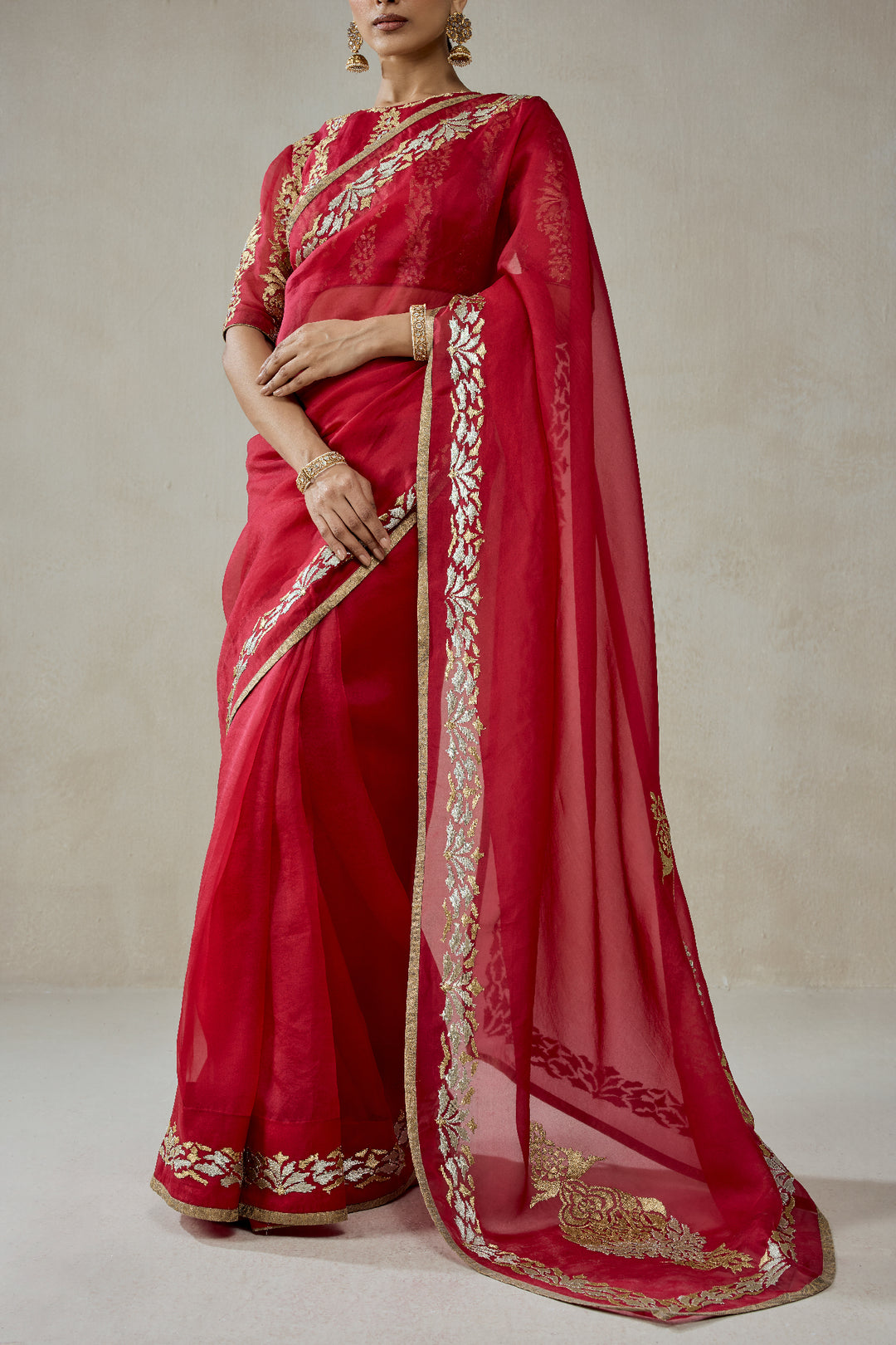 Organza Red Saree Set
