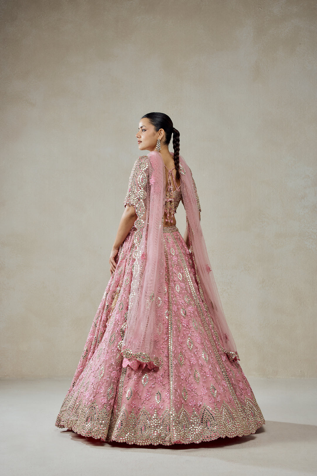 Pink Organza Mirror Work With Multiresham Lehenga Set