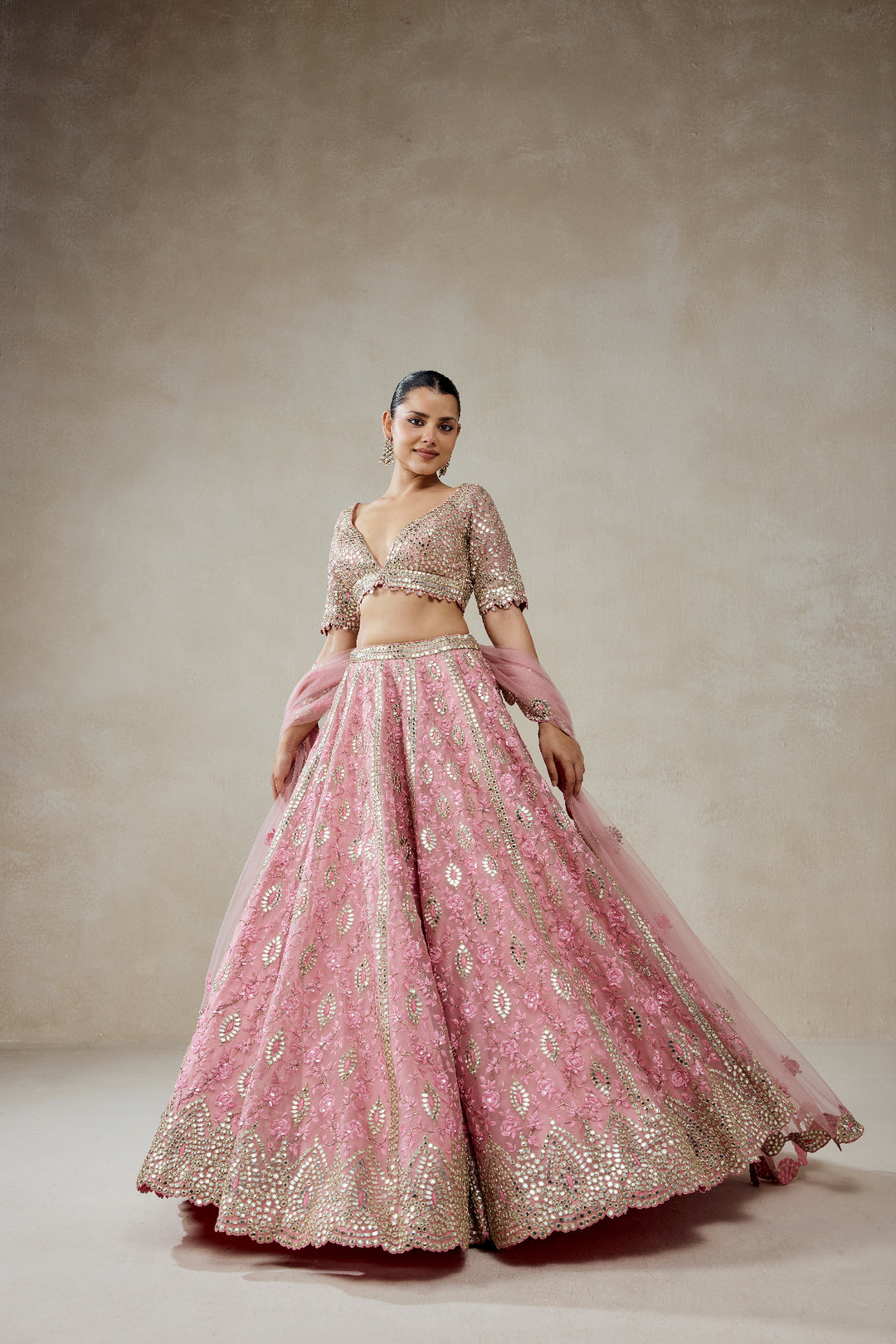 Pink Organza Mirror Work With Multiresham Lehenga Set