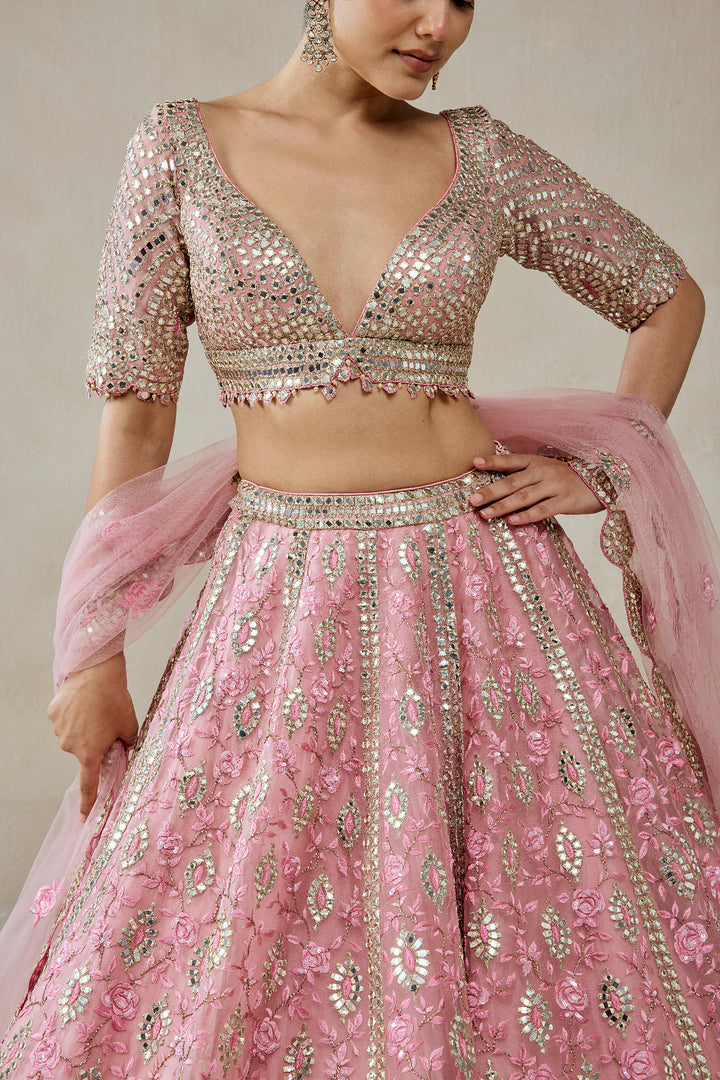 Pink Organza Mirror Work With Multiresham Lehenga Set