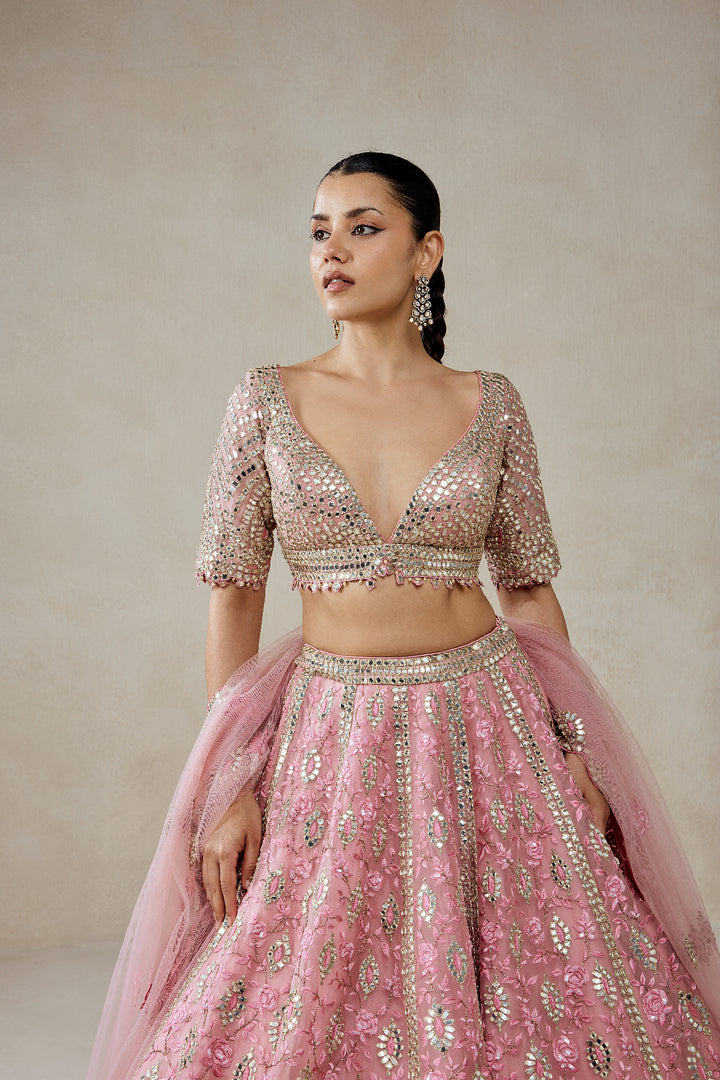 Pink Organza Mirror Work With Multiresham Lehenga Set