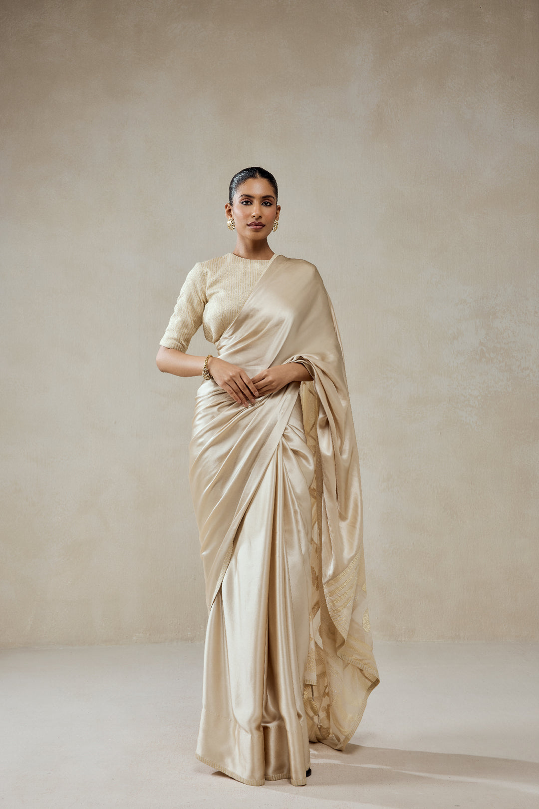 Ivory Monga Tissue Gold Striped Saree Set